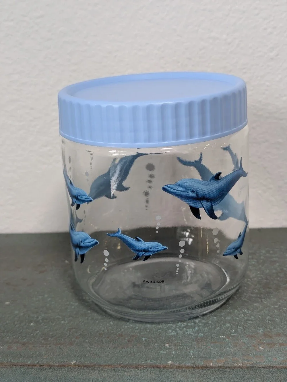 Windsor Blue Dolphins Clear Glass Screw On Lidded Storage Apothecary Candy Jar